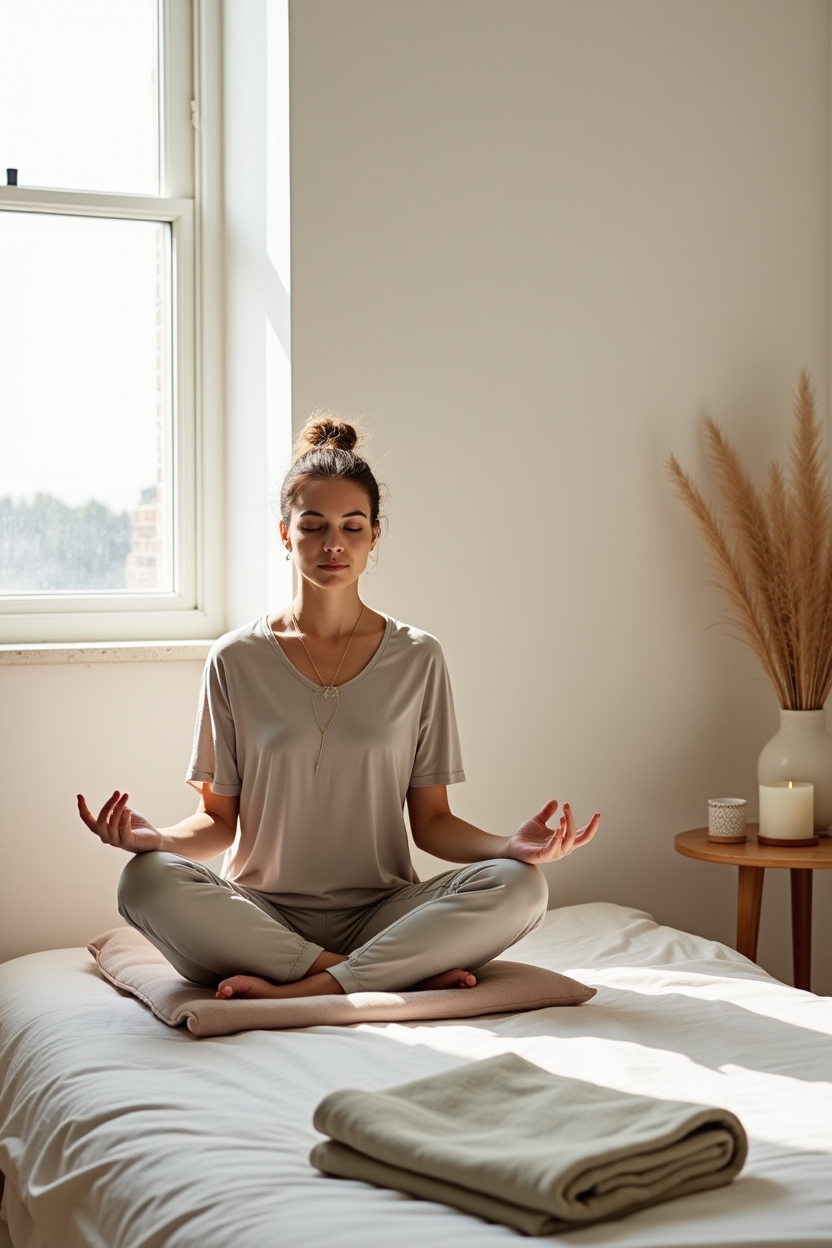 how to practice shadow work meditation for sleep — a folded wool blanket — A person seated by a sunlit bedroom window practicing paced diaphragmatic breathing to illustrate how inner integration calms sleep circuitry