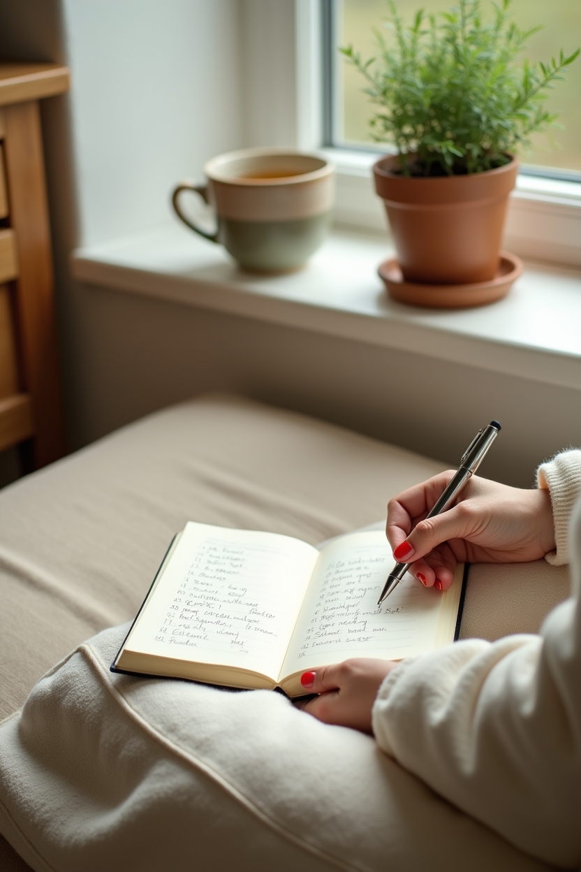 how to practice shadow work meditation for sleep — an open notebook with a handwritten sleep tracker — A wide, airy scene of someone tracking sleep outcomes compassionately: journaling by a window seat with tea and a plant