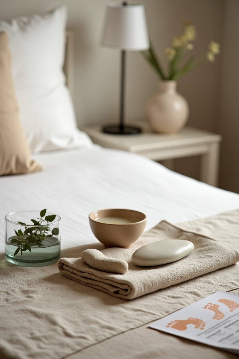best poses for feet and sleep — a smooth river stone roller — A calm still-life of grounding tools for foot reflexology on a bedside table