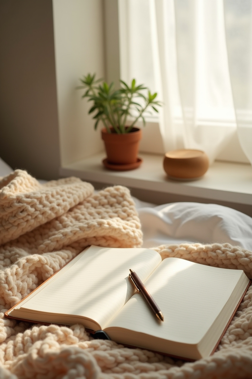 journal prompts for confidence for teens — a soft-covered lined journal with a pen resting on top — A quiet teen bedroom corner with a simple journaling setup that suggests the benefits of starting to write