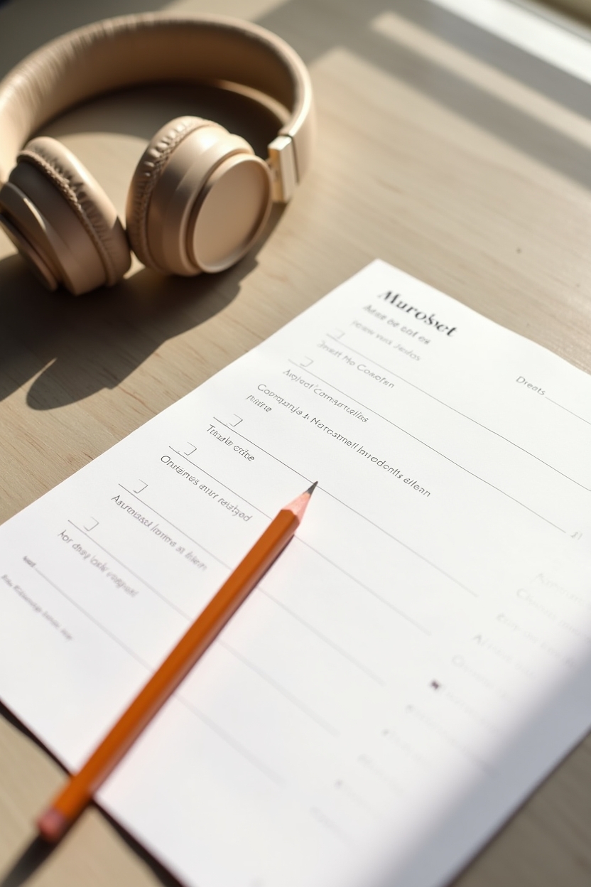 journal prompts for confidence for teens — printed worksheet with clear headings and checkboxes — A minimal printable worksheet spread on a clean table with a pencil and a pair of headphones—next steps for ongoing practice