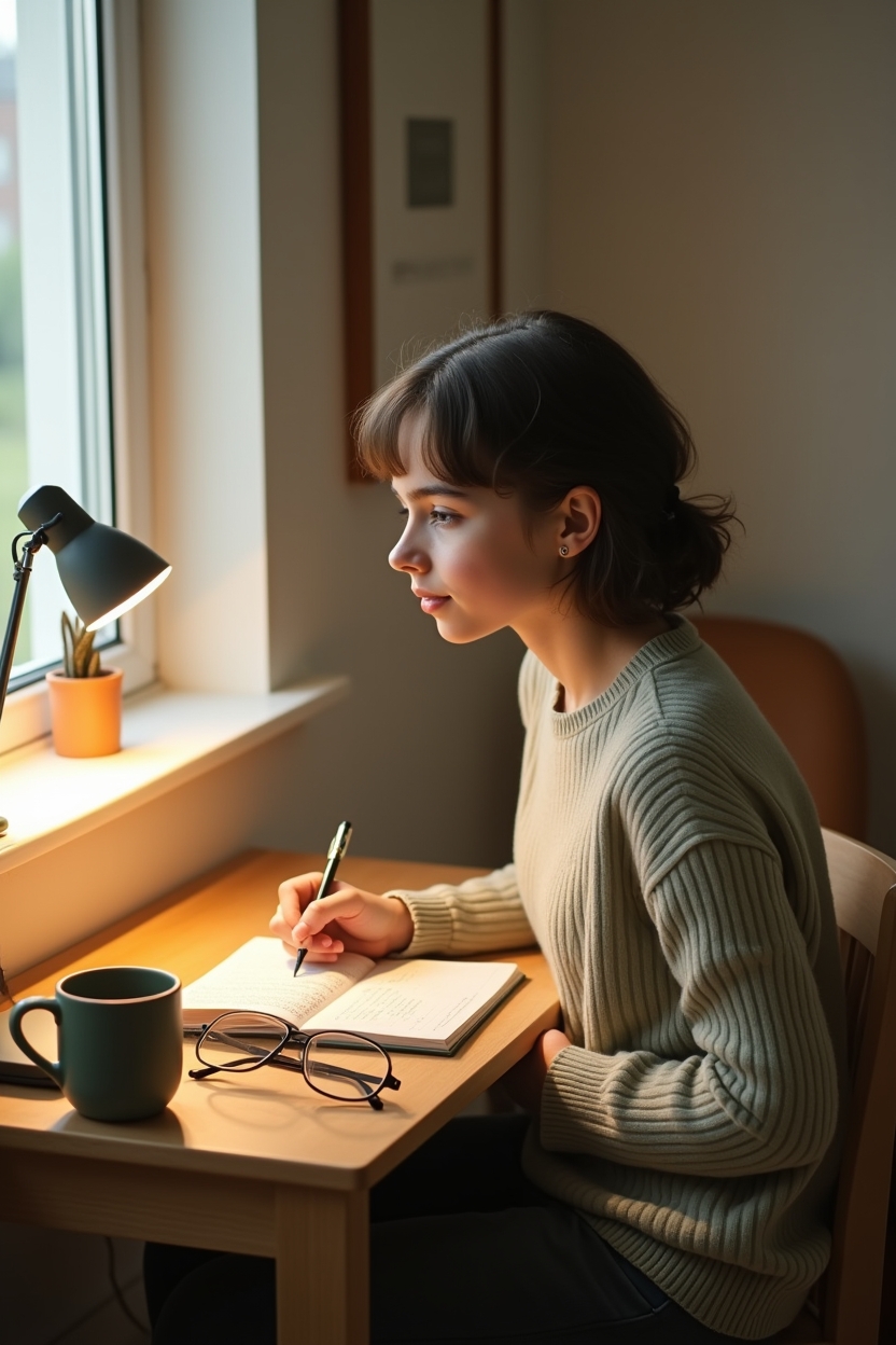 journal prompts for confidence for teens — a hardcover journal opened to a longer entry — A teen seated at a small desk doing a deeper journaling session, side profile, thoughtful posture