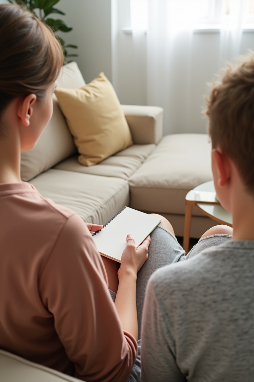 journal prompts for confidence for teens — a small paperback notebook in the teen's lap — A caregiver and teen on a couch: the caregiver gently encouraging while the teen holds a small notebook—supportive, non-pressuring scene from behind
