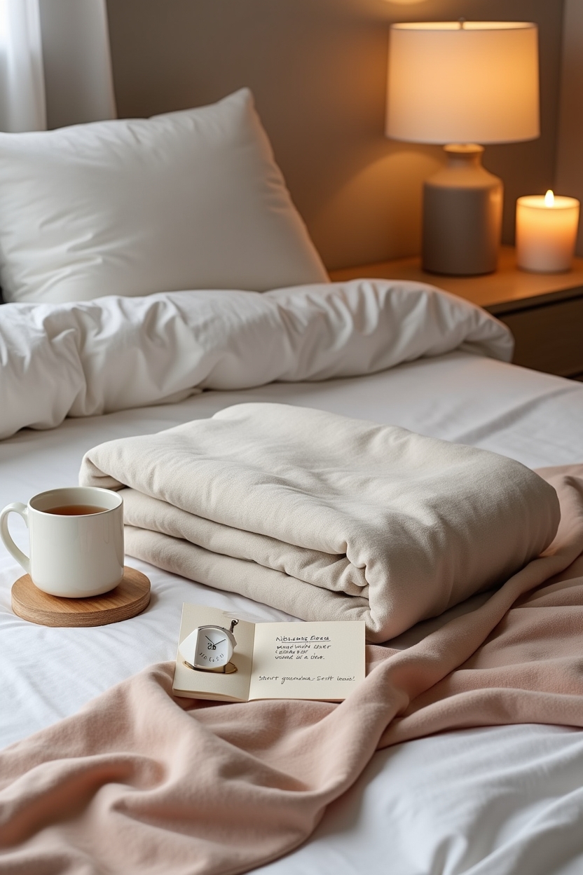 how to use shadow work after a toxic relationship — folded weighted blanket — A still-life vignette of somatic containment tools for a short grounding check: folded weighted blanket, a timer, and a warm cup.