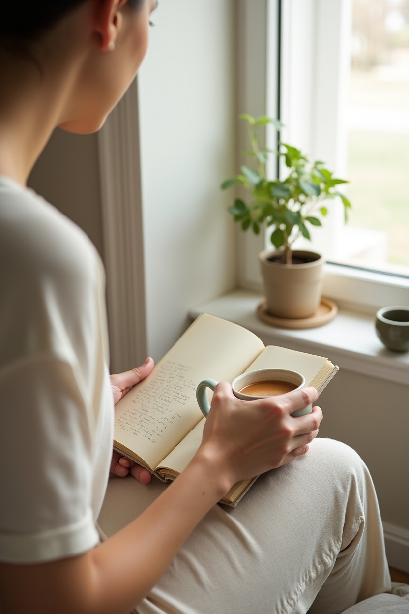 how to use shadow work after a toxic relationship — linen-bound journal — A quiet morning window-seat moment where a person sets a compassionate intention in a journal while holding a warm mug.