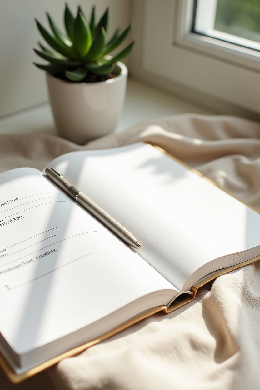 how to use shadow work after a toxic relationship — open daily planner with a visible dated page — A bright morning nook showing micro-practices: an open daily planner with a pen, a small plant, and sunlight on the tabletop.