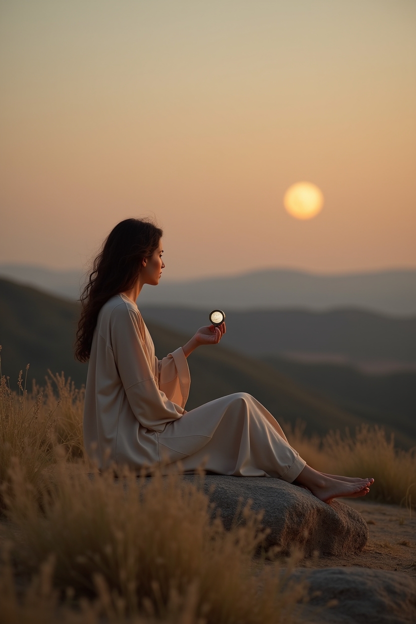 moon sign meaning — a small brass hand-held moon compass (celestial locator) — A solitary person on a hill at dusk gazing up at a large rising moon to illustrate the moon as the emotional ruler