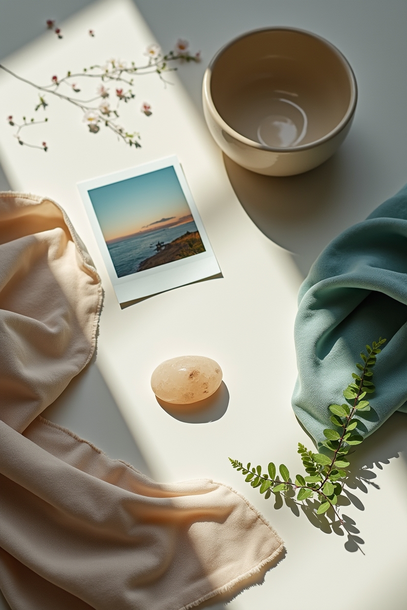 moon sign meaning — a small moonstone crystal placed center-left — A flat-lay of water-moon themed objects to convey depth and sensitivity of water moons