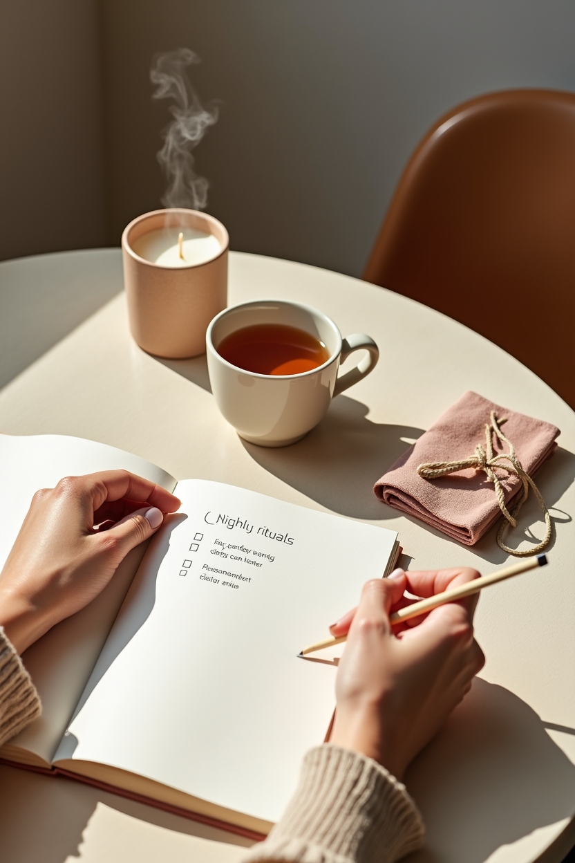 moon sign meaning — an open planner with a circled nightly ritual checkbox — A morning ritual at a small home desk showing a person preparing simple daily moon-tuned rituals