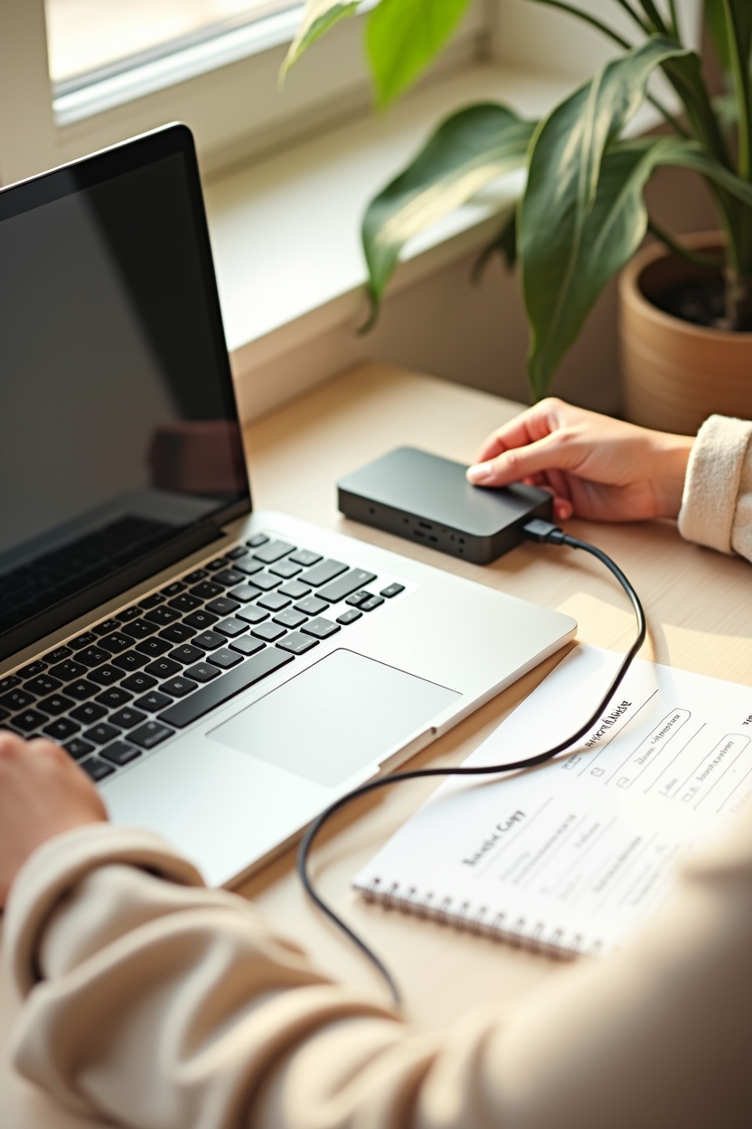 mercury retrograde survival guide — a small external hard drive — A calm home-desk scene showing a person doing practical device prep for Mercury retrograde: backing up and organising cables before travel.
