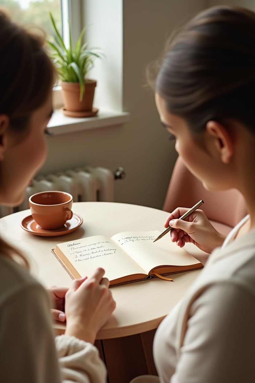 mercury retrograde survival guide — a shared notebook with the handwritten header 'Listening Rules' — Two people seated at a small table practicing a guided communication tool — a listening-and-repeat exercise with a shared notebook.