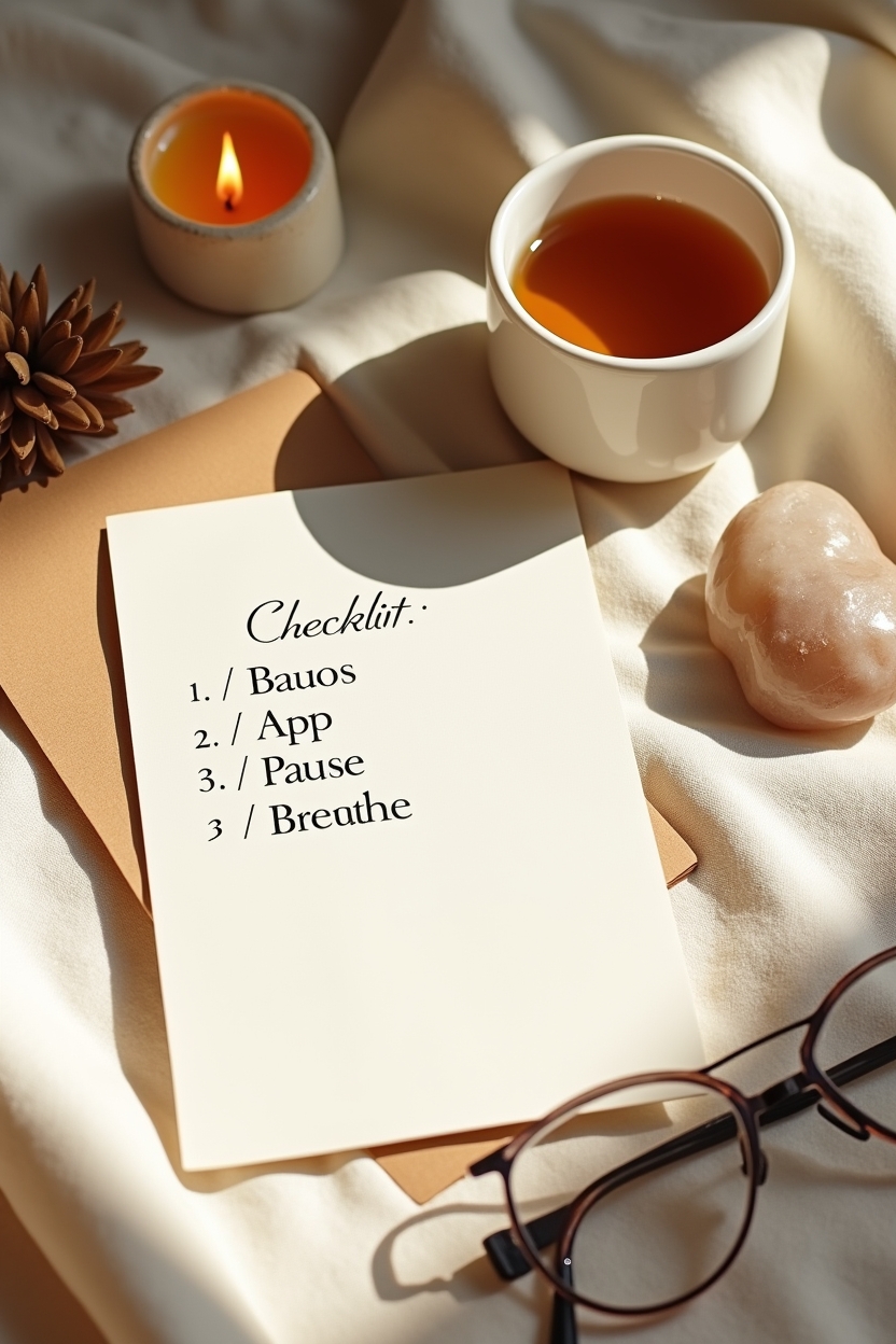 mercury retrograde survival guide — a printed mini checklist card — A close overhead flat-lay of a mini retrograde survival checklist with simple grounding ritual items arranged for a calm morning routine.