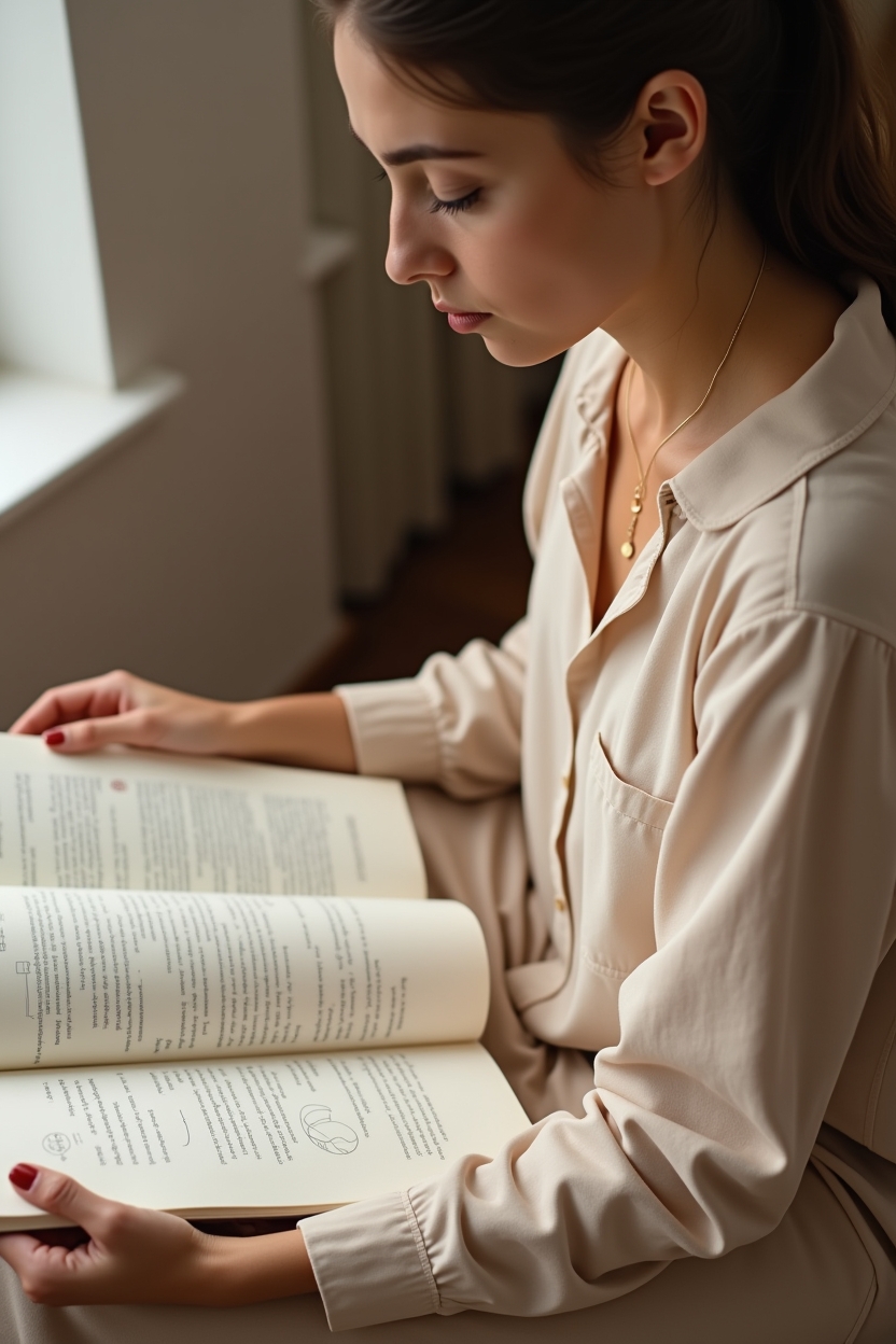 saturn in cancer for life purpose — brass Saturn charm — A calm portrait of a woman learning from astrological study: seated at a simple desk reading a well-worn astrology book with a small brass Saturn charm beside her