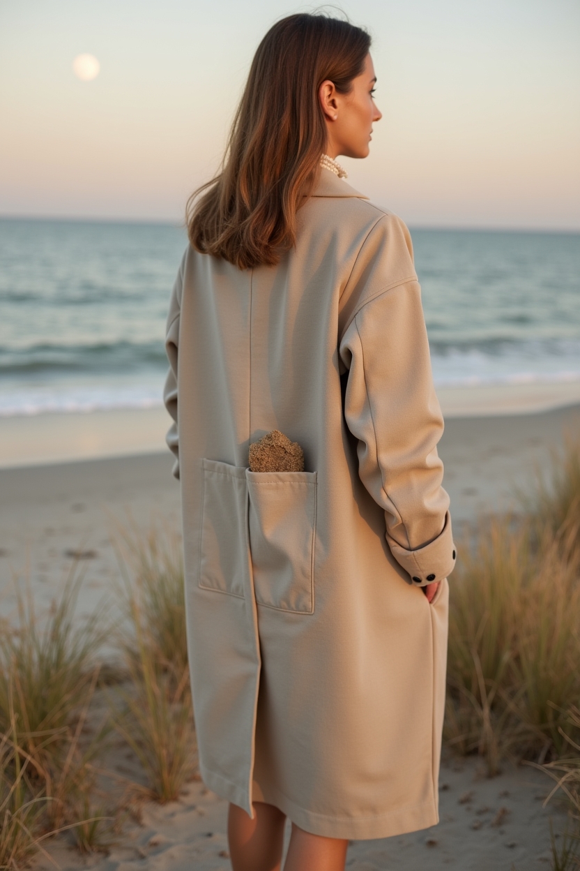 saturn in cancer for life purpose — small tide-worn rock held loosely in a pocket of the subject's coat (visible) — A contemplative timing shot: a person standing on a quiet shoreline at dusk, gazing at an incoming tide and the low moon — representing transits and timing