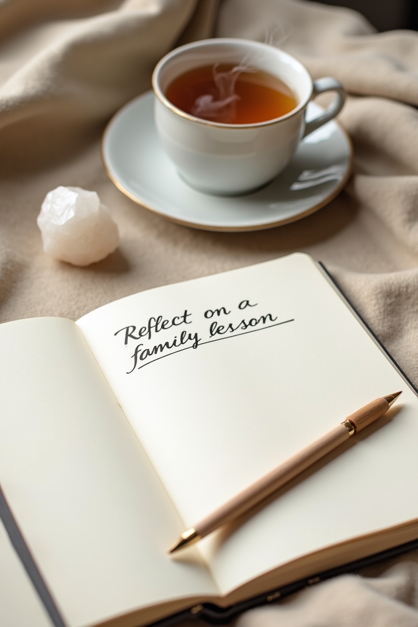 saturn in cancer for life purpose — open journal with visible prompt header 'Reflect on a family lesson' — Reflection prompts still-life: a neat desk with an open journal showing a visible prompt, a fountain pen, a cup of chamomile tea, and a small moonstone crystal