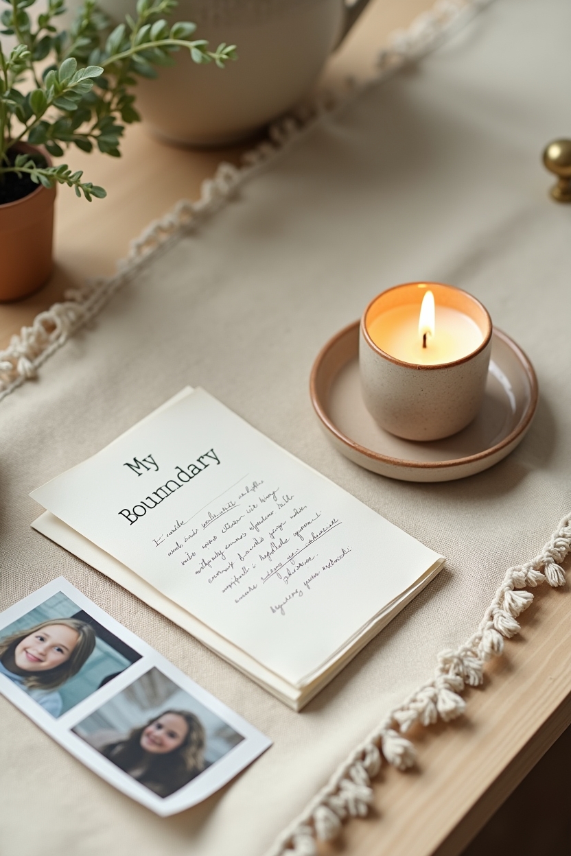 saturn in cancer for life purpose — small lit ceramic candle — A tidy ritual scene for building emotional structure: a flat-lay of daily boundary ritual items on a linen runner — a folded written boundary note, a small lit candle in a ceramic dish, and a string of family photos