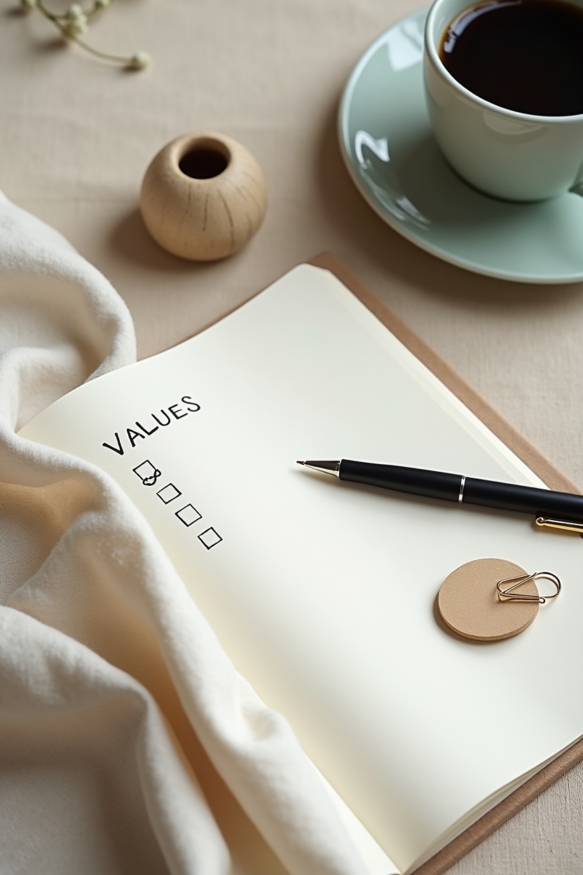 how to use spiritual awakening after people pleasing — an open notebook with a handwritten 'Values' list — A tidy decision-making flat-lay: journaled values guiding a weekday choice