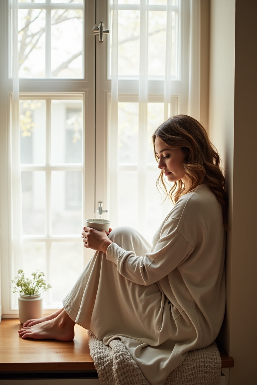 how to use spiritual awakening after people pleasing — a steaming mug on a windowsill — A quiet at-home moment showing someone pausing after a social interaction, processing emotions