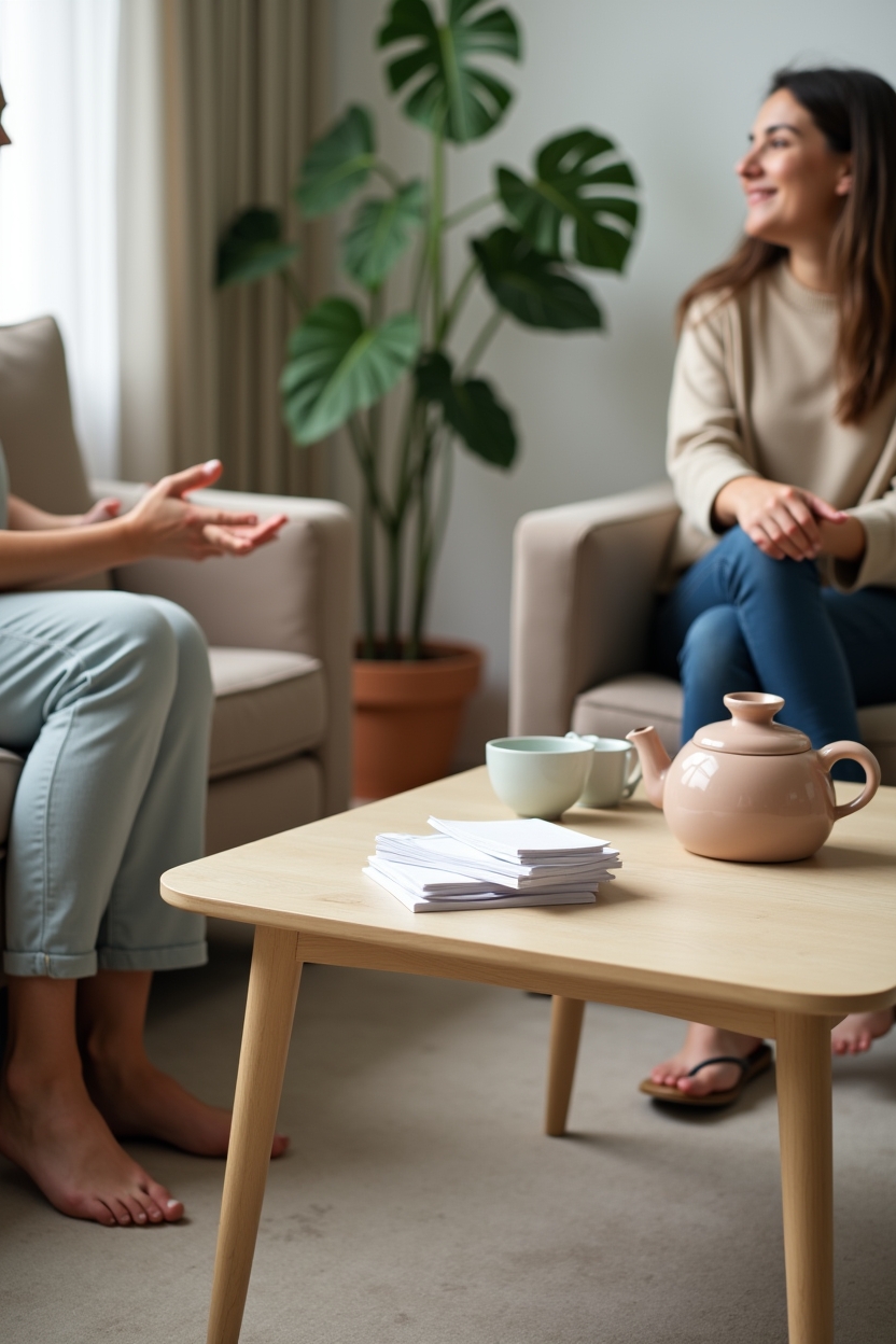 how to use spiritual awakening after people pleasing — a small stack of index cards with scripted phrases — Preparing for pushback: a living-room scene of boundary rehearsal with a friend