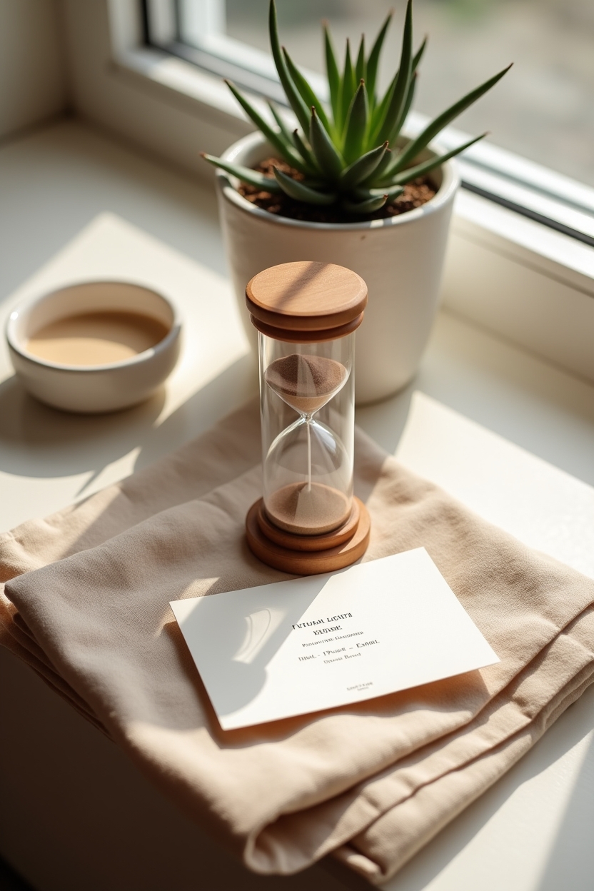 how to practice loving kindness meditation for overthinking — a small sand timer (60–90 seconds) — A still-life flat-lay of a simple posture-and-breath kit on a sunny window seat: timer, folded meditation shawl, and breath cue card.
