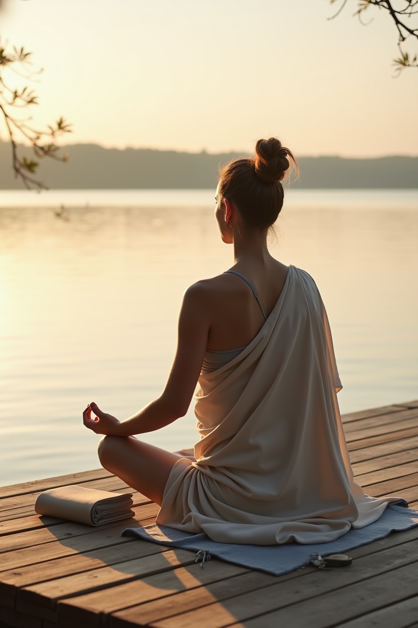how to practice loving kindness meditation for overthinking — a folded meditation shawl laid on the dock beside the sitter — A lakeside golden-hour scene showing a person extending their hands (palms down, relaxed) toward the water while sitting cross-legged — visually suggesting extending kindness to others and to worries.