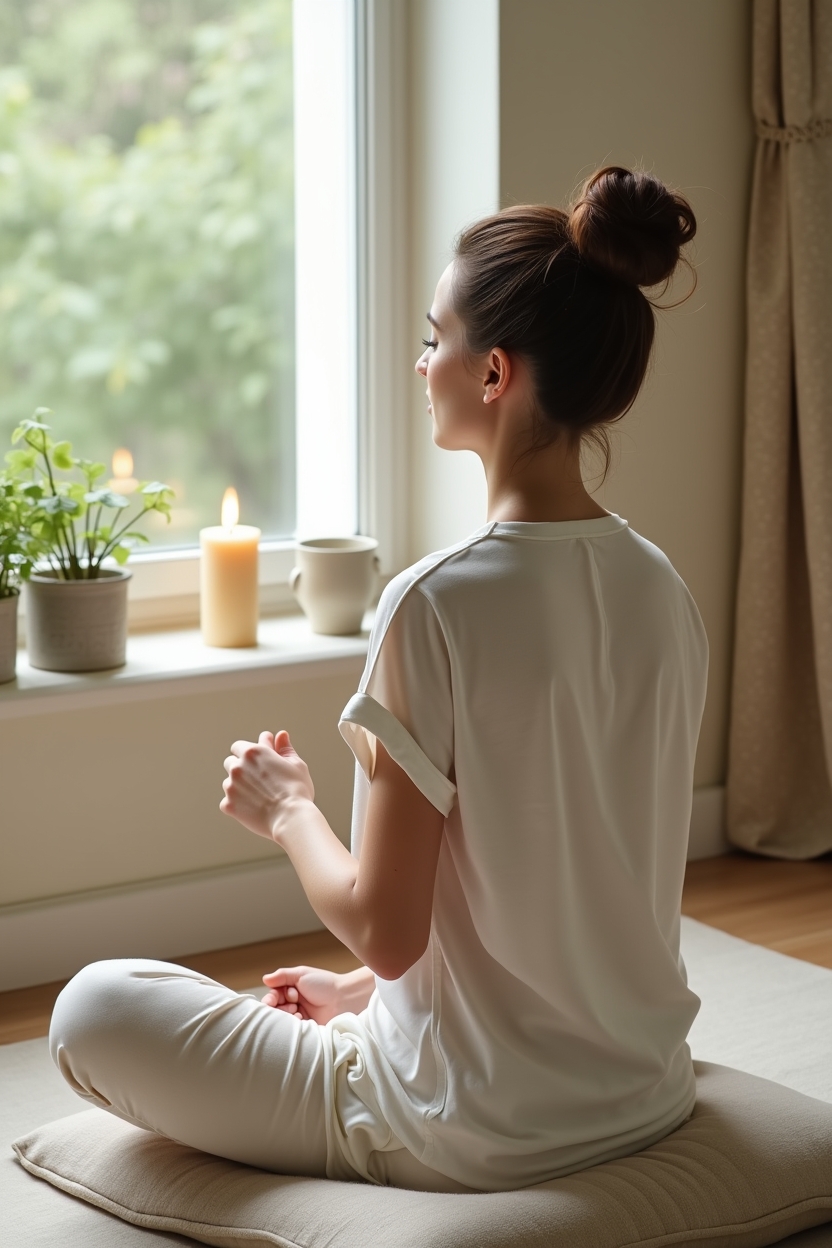 how to practice loving kindness meditation for overthinking — a single lit beeswax candle on a windowsill — A quiet home corner showing a person seen from behind softly gazing out a window, embodying compassion redirecting attention.