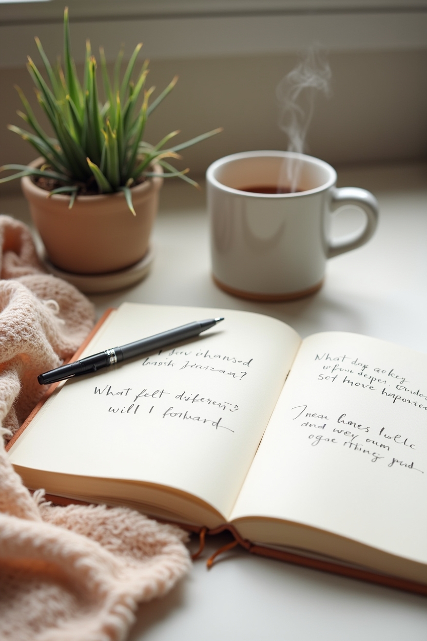 how to practice loving kindness meditation for overthinking — an open notebook showing three printed reflection prompts — A tidy journaling moment on a small desk showing reflection prompts and a pen, with a pen resting on an open notebook and a soft mug nearby.