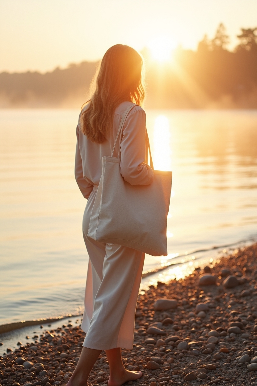 how to use forgiveness during a spiritual awakening — a simple linen tote bag slung over one shoulder — A morning integration habit: a person walking along a misty lakeshore at sunrise, pausing with arms slightly open to breathe.