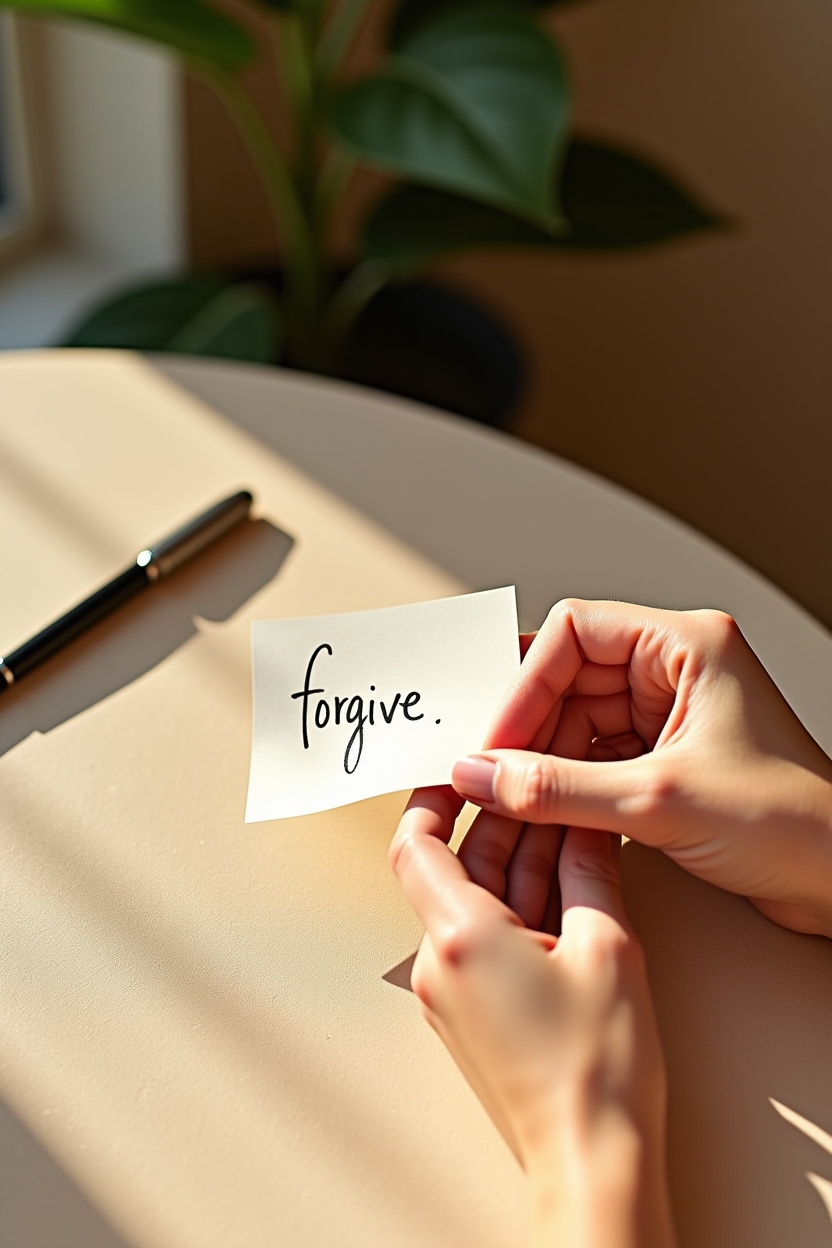 how to use forgiveness during a spiritual awakening — a folded paper note with a visible single handwritten word (e.g., 'forgive') — A hands-on self-forgiveness ritual: a person writing a short forgiving note and folding it into their palm.