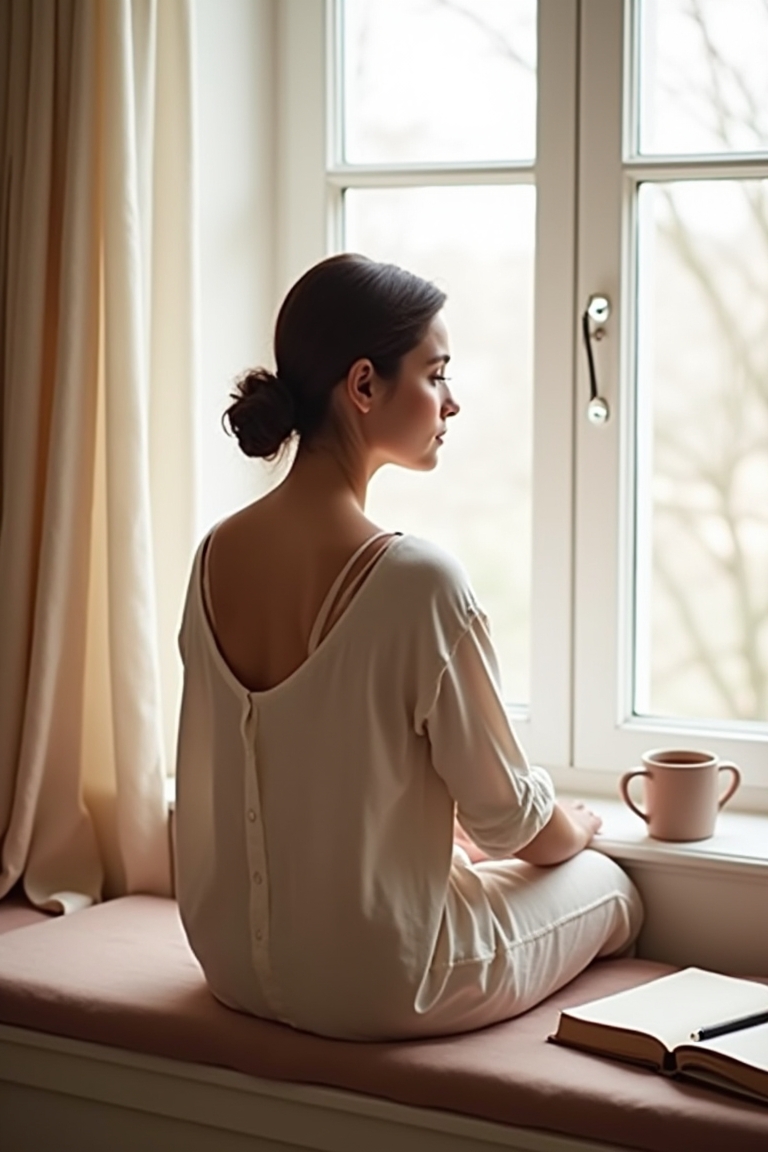 how to use shadow work during emotional healing — linen-bound journal on a narrow wooden window seat — A person setting compassionate intention: seated at a window writing in a journal, seen from behind so hands are relaxed in lap or holding a mug (anatomy-safe).