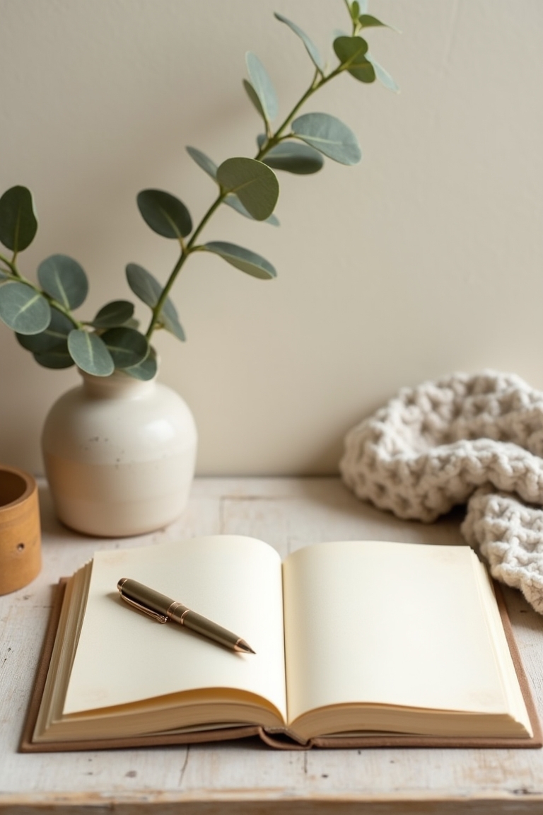 how to use shadow work during emotional healing — open journal with a visible handwritten prompt line — Gentle journaling practice still-life on a tidy desk: open journal with a visible prompt header, a fountain pen, a small vase with a single stem, and a soft folded blanket nearby.