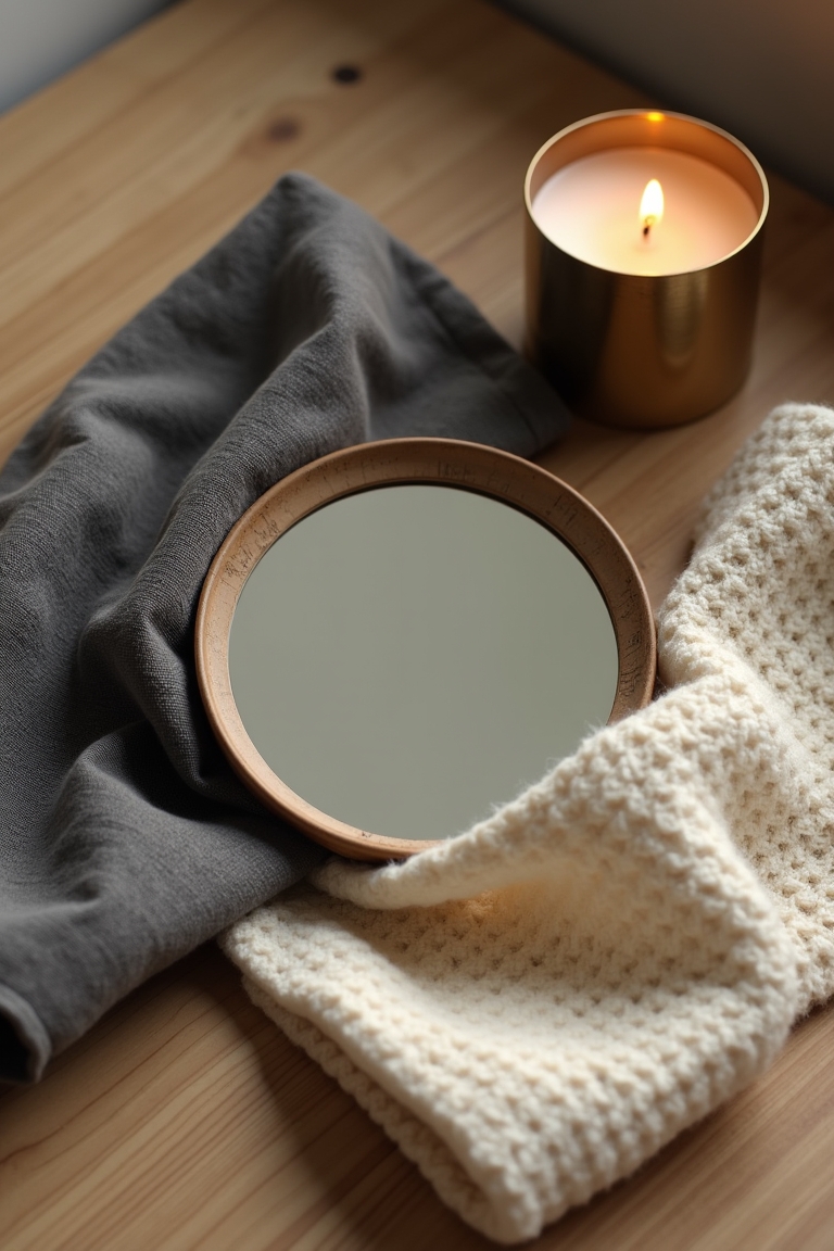 how to use shadow work during emotional healing — small round hand mirror with a slightly tarnished rim — Editorial still-life suggesting the 'shadow' as parts we hide: a partially veiled hand mirror on a textured tabletop with layered fabrics and a single dim candle.