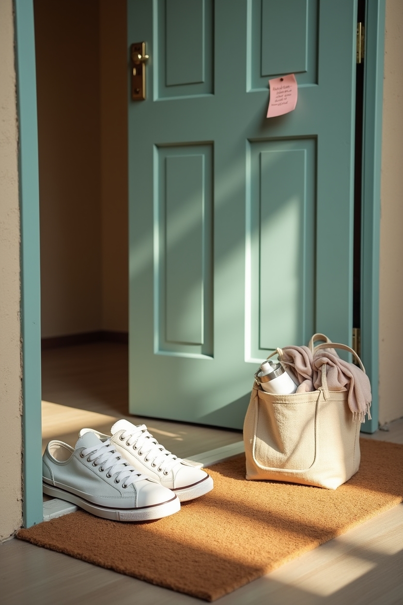 signs catastrophizing is holding you back after disappointment — pair of clean canvas sneakers placed neatly by the door — micro-commitment scene: shoes and a packed tote by the door signaling a chosen tiny action (short walk)