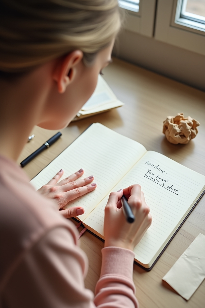 signs catastrophizing is holding you back after disappointment — ruled notebook with a bold handwritten headline — person at a tidy desk pausing mid-journal to capture a runaway 'headline' thought