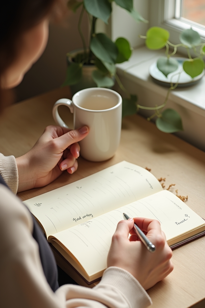how to practice self compassion meditation for self love — a small open journal with a pen resting across a written prompt — A daily-life compassionate check-in: woman journaling short prompts with a warm mug nearby during morning light.