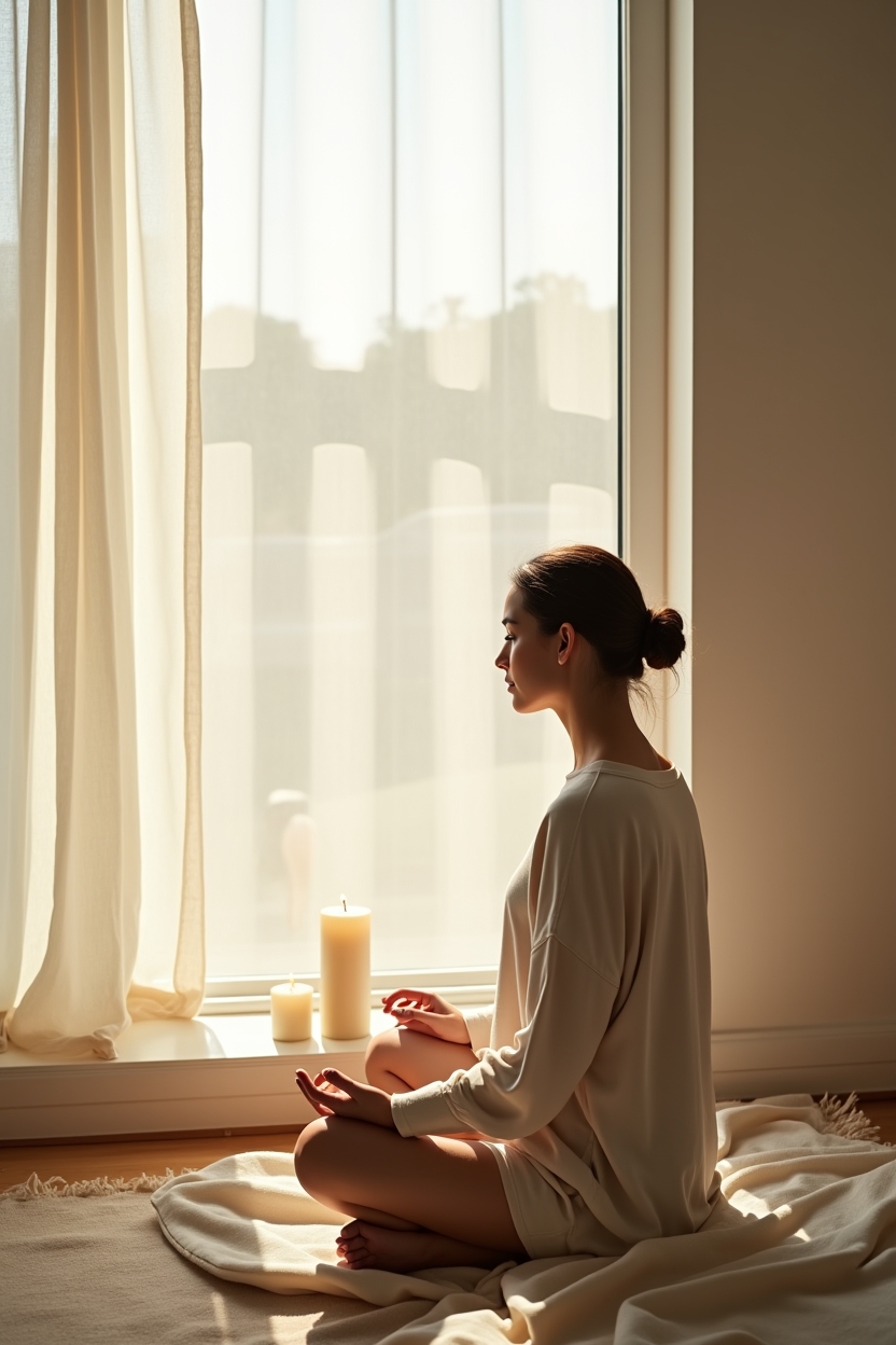 how to practice self compassion meditation for self love — a single lit beeswax candle on the windowsill — A quiet home-window meditation moment showing someone learning what self-compassion is (gentle curiosity, not self-judgment).