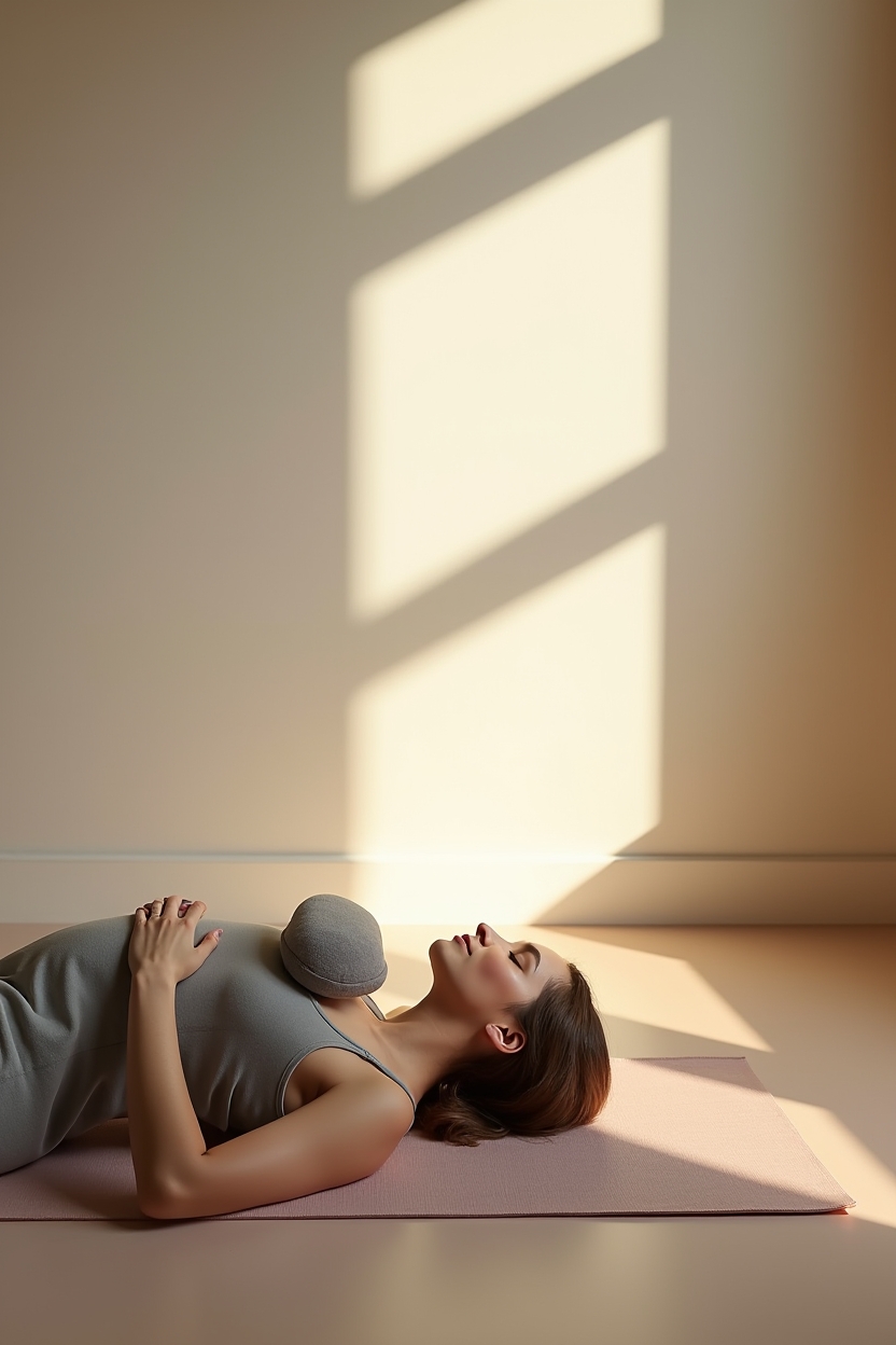 how to practice self compassion meditation for self love — a folded cotton eye pillow resting on the chest — Soften toward physical sensations: a person lying on their back in a guided soften practice, sensing breath into the belly.