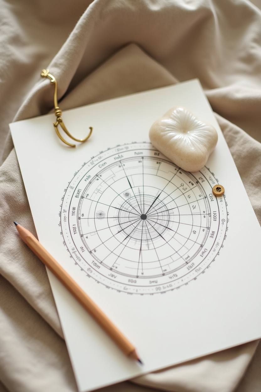 jupiter in scorpio for love — printed natal chart wheel — Editorial flat-lay of an astrologer's workspace: a printed natal chart wheel with tools for interpretation
