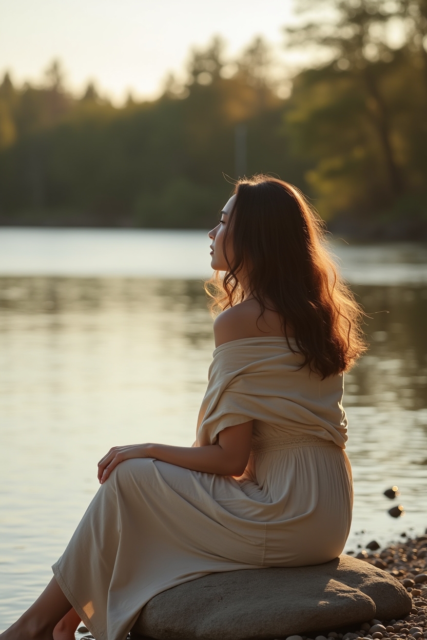 jupiter in scorpio for love — linen shawl draped over her shoulders — A woman sitting on a riverside rock at golden hour, seen from behind, embodying quiet transformation