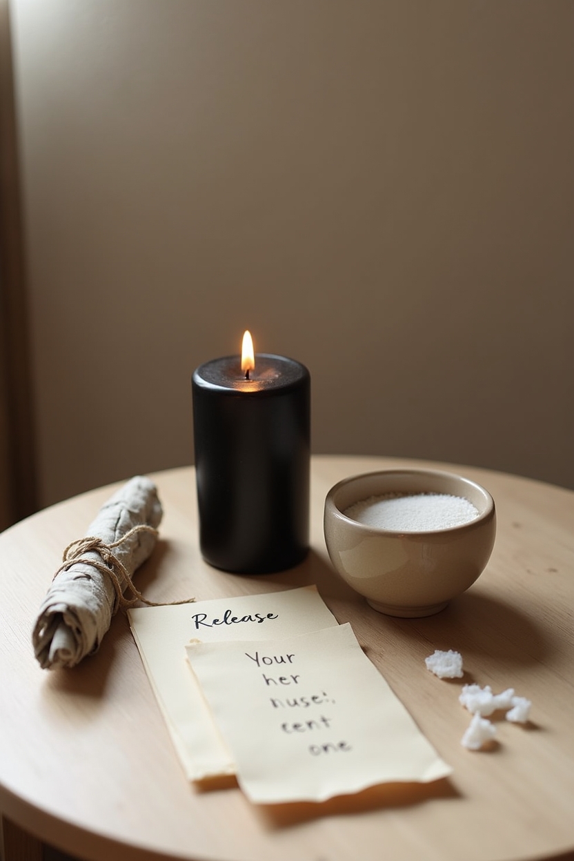 jupiter in scorpio for love — black beeswax candle — A small at-home ritual altar photographed straight-on: lit black beeswax candle, smudge bundle, salt bowl, and a folded release note