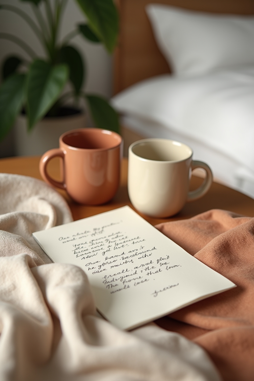 jupiter in scorpio for love — two ceramic mugs — A calm bedside still-life suggesting long-term partnership: two matching mugs, shared blanket, and a folded letter