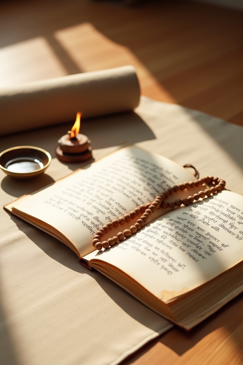 what is vinyasa yoga — a worn palm-leaf manuscript — An intimate studio detail of traditional yoga source materials: an open Sanskrit manuscript with ritual objects arranged beside a practice mat.