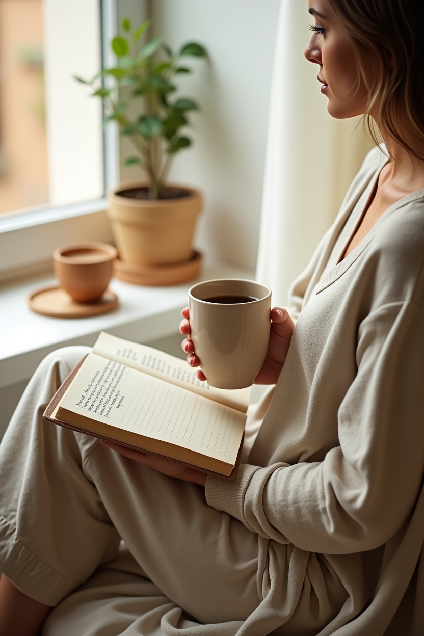 how to use self love during personal growth — a steaming ceramic mug held near the chest — A morning 5-minute check-in: a person sitting by a window with a steaming mug and a short journal entry, feet tucked beneath them