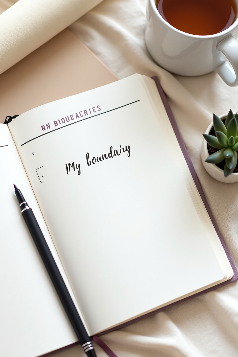 how to use self love during personal growth — an open planner with a handwritten 'My boundary' prompt visible — A tidy flat-lay still-life of a planner open to a 'boundaries' prompt, signaling boundaries as self-respect