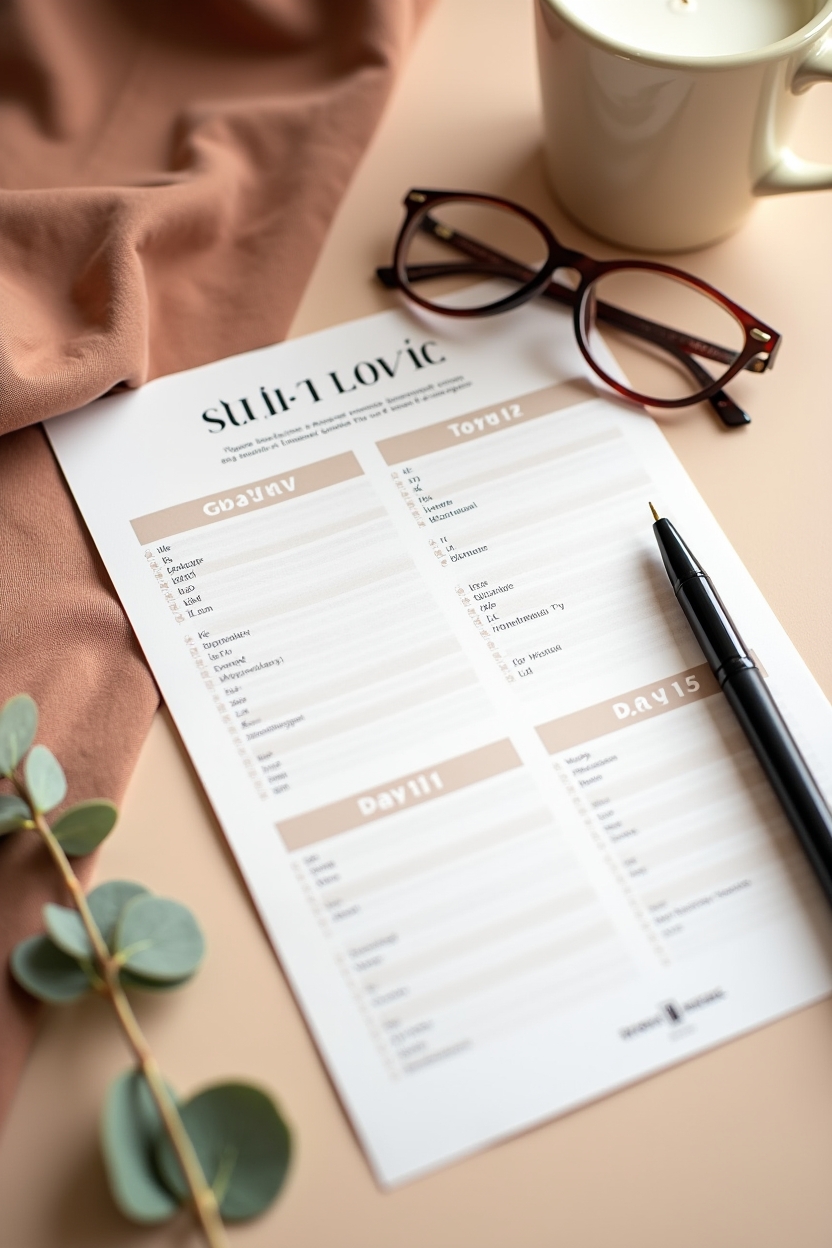 how to use self love during personal growth — printed 14-day checklist sheet with visible day labels — A clean editorial shot of a printed 14-day self-love checklist laid out for a quick snapshot of the plan