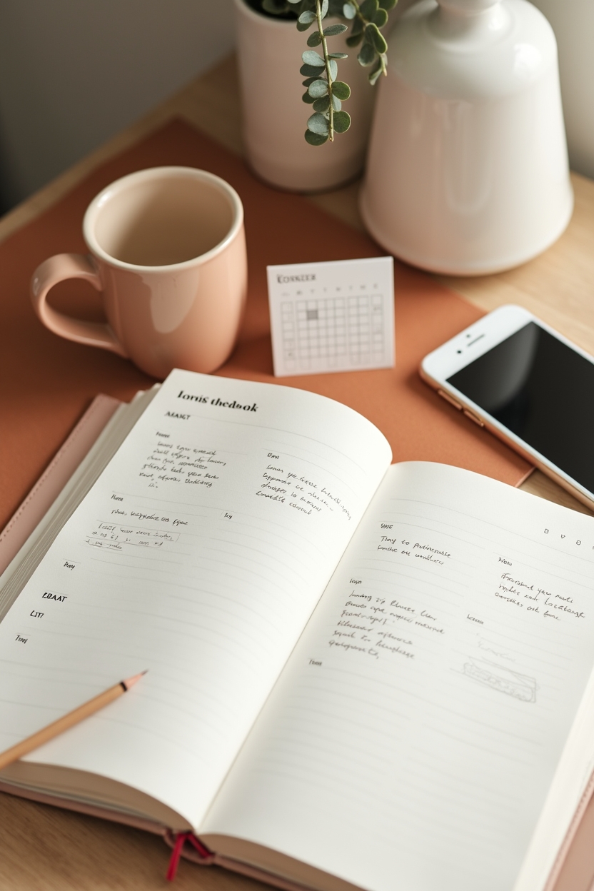 how to use spiritual awakening when starting over — paper weekly planner opened to the current week — A cozy weekly check-in desk vignette: a planner open to a weekly layout, a tidy habit tracker, and a phone with calendar view (screen dim).