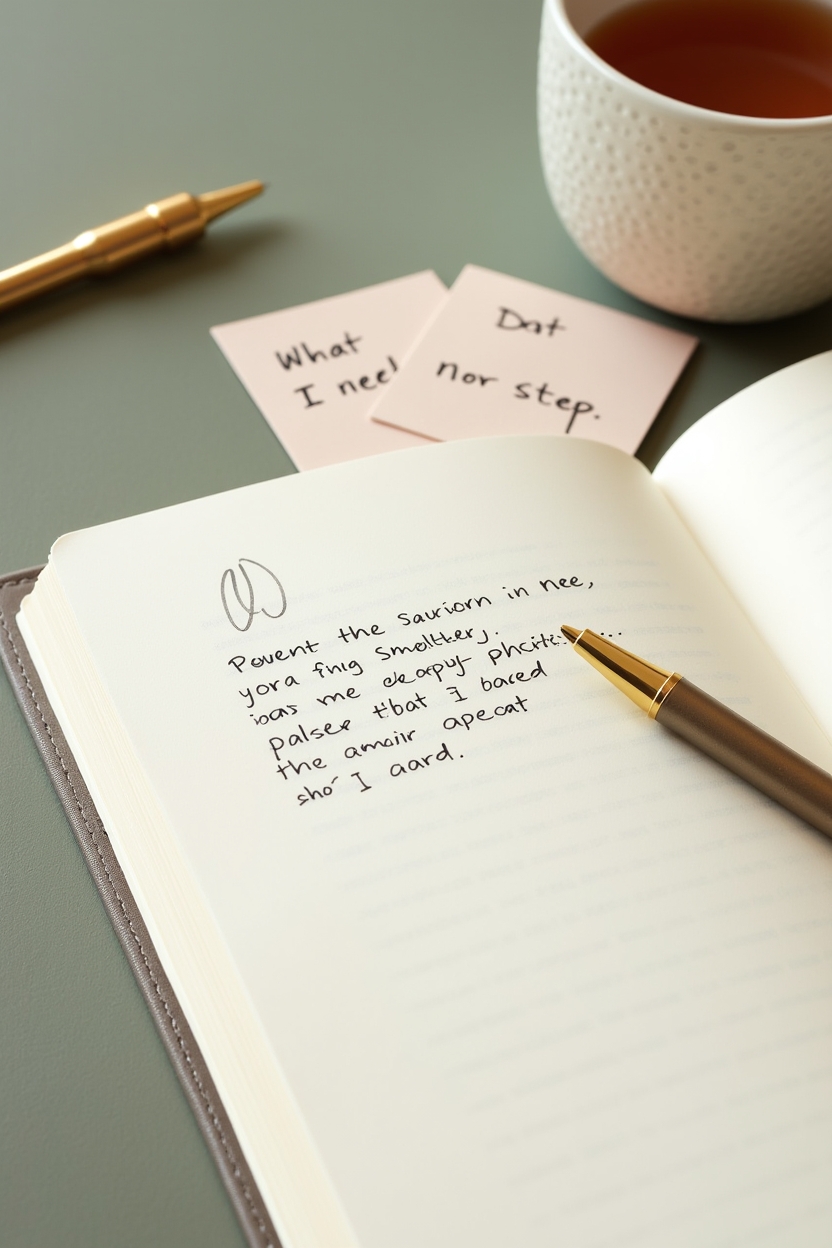 how to use spiritual awakening when starting over — open journal page with a visible handwritten prompt and short response — Editorial flat-lay of a journaling spread with printed prompt cards and a handwritten page: practical prompts for starting over.