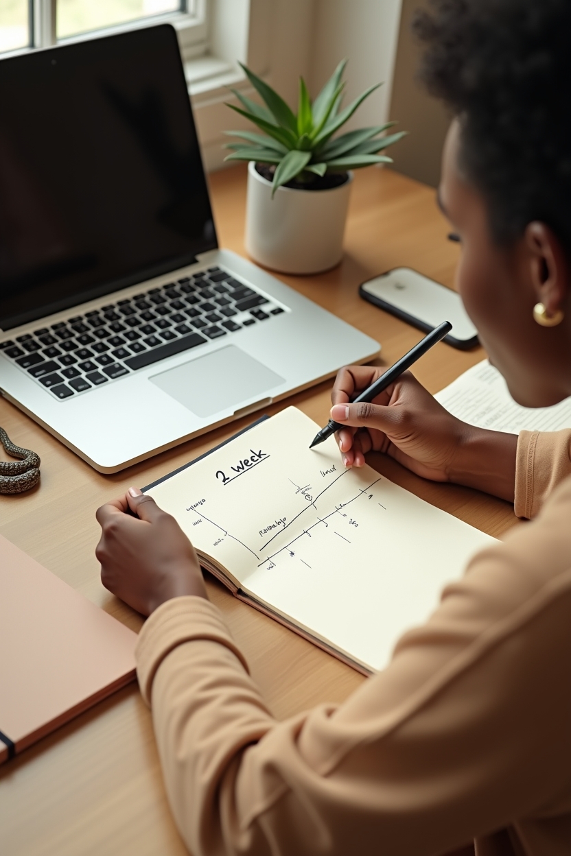 how to use life purpose after failure — open notebook with a hand-drawn 2-week timeline — A person planning a 2-week micro-project at a small home desk, sketching a simple timeline on paper.