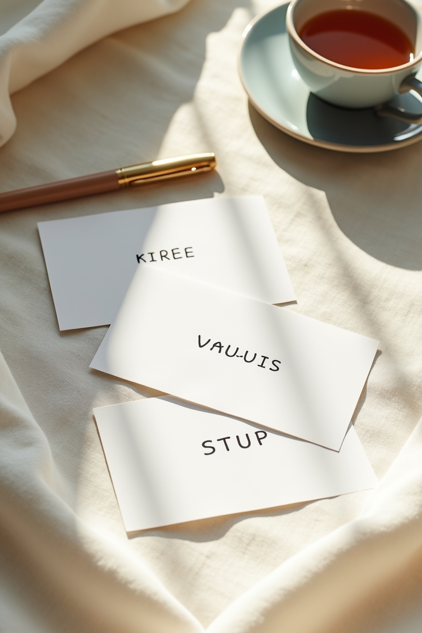how to use life purpose after failure — three handwritten value cards — A tidy flat-lay of a quick values triage: paper cards laid out with three highlighted non-negotiables.