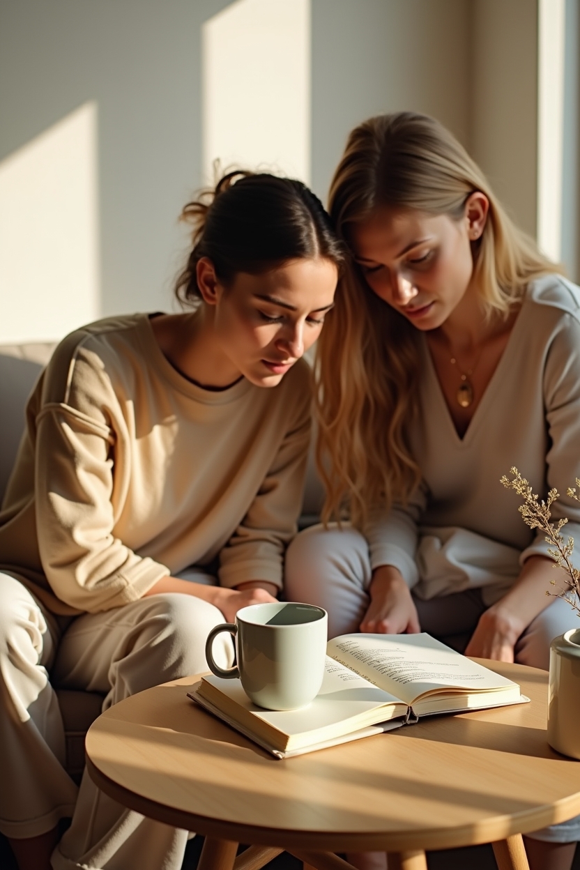 how to use life purpose after failure — a shared notebook open between them — Two people in a cozy living room sharing a journal and tea — a moment of community and accountability.